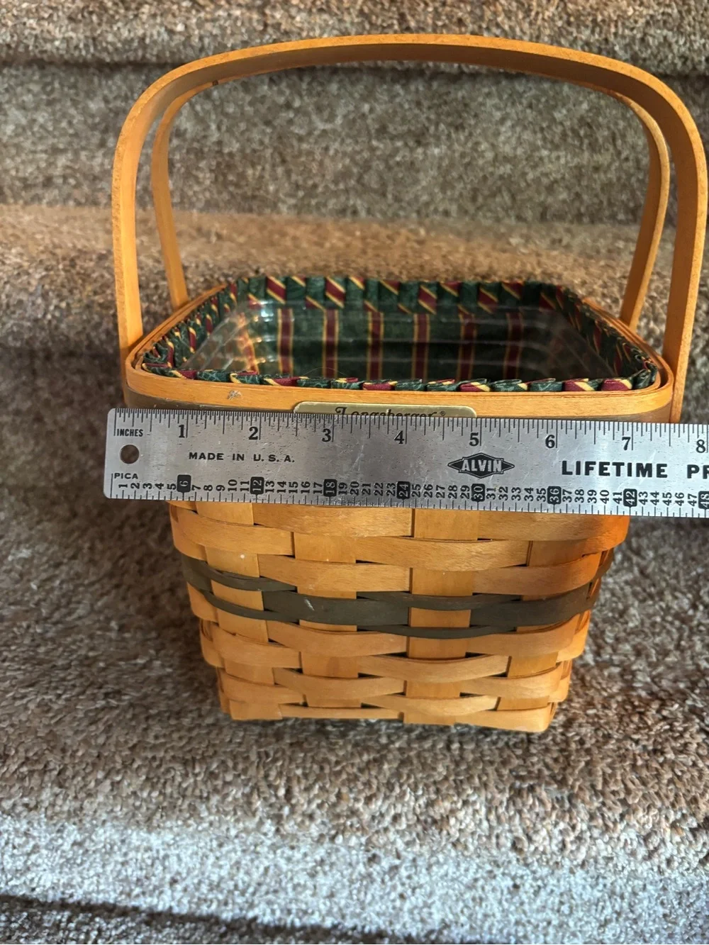 Longaberger Honey Brown Basket with Red & Green Plaid Liner